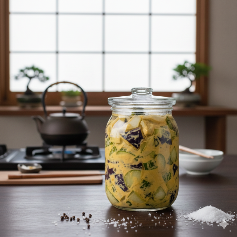 Ingelegde aubergine en komkommer in een gele mosterdmarinade in een Roots Jar, bereid volgens het Basisrecept Karashizuke.