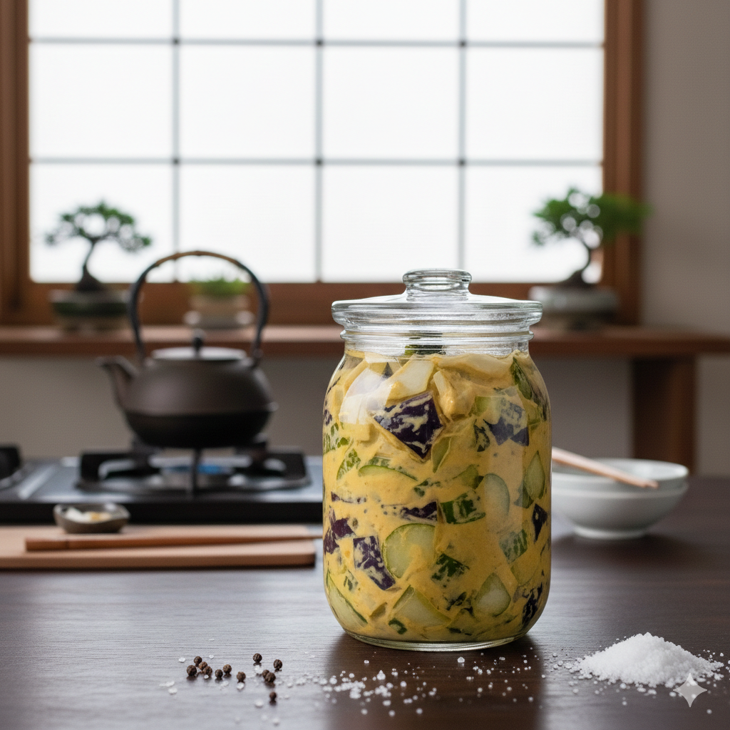 Ingelegde aubergine en komkommer in een gele mosterdmarinade in een Roots Jar, bereid volgens het Basisrecept Karashizuke.
