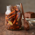 Wortelen en gember ingewreven met donkere rode miso-pasta in een glazen Roots Jar op een houten ondergrond.