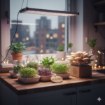 Een moderne keukenvensterbank met diverse kiemgroenten in glazen potten en een paddenstoelenkweekset.