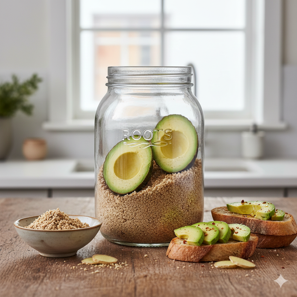 Twee avocado-helften die voorzichtig worden begraven in een Nuka-bed van rijstzemelen in een glazen pot.