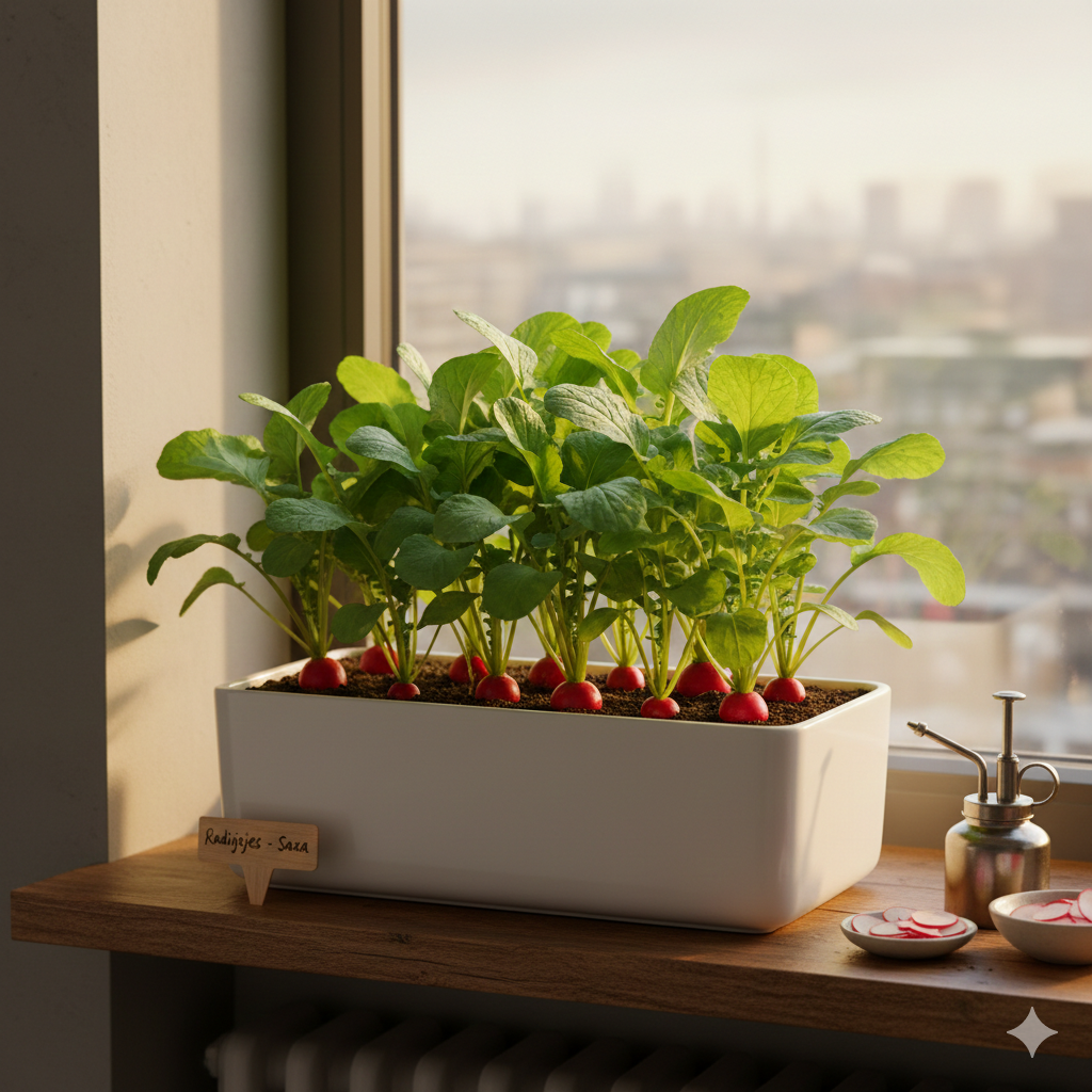 Rode radijsjes groeien in een diepe witte bak op een zonnige vensterbank in een moderne keuken.