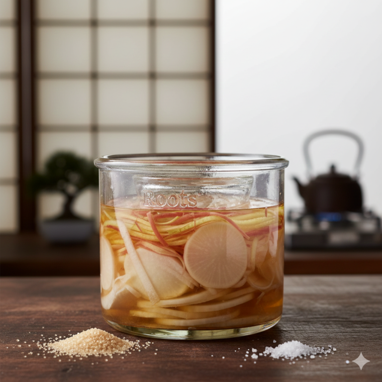 Flinterdunne schijfjes daikon en gember in een glanzende suikersiroop in een Roots Jar, bereid volgens het Satozuke basisrecept.