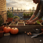 Een herfstig balkon met grote oranje pompoenen, winterknoflook in de aarde en kleurrijke voorjaarsbollen op een houten tafel.