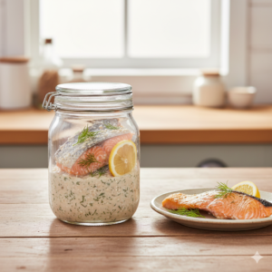 Een zalmfilet met dille en citroen marinerend in een witte Shiokoji-pasta in een glazen Roots Jar.