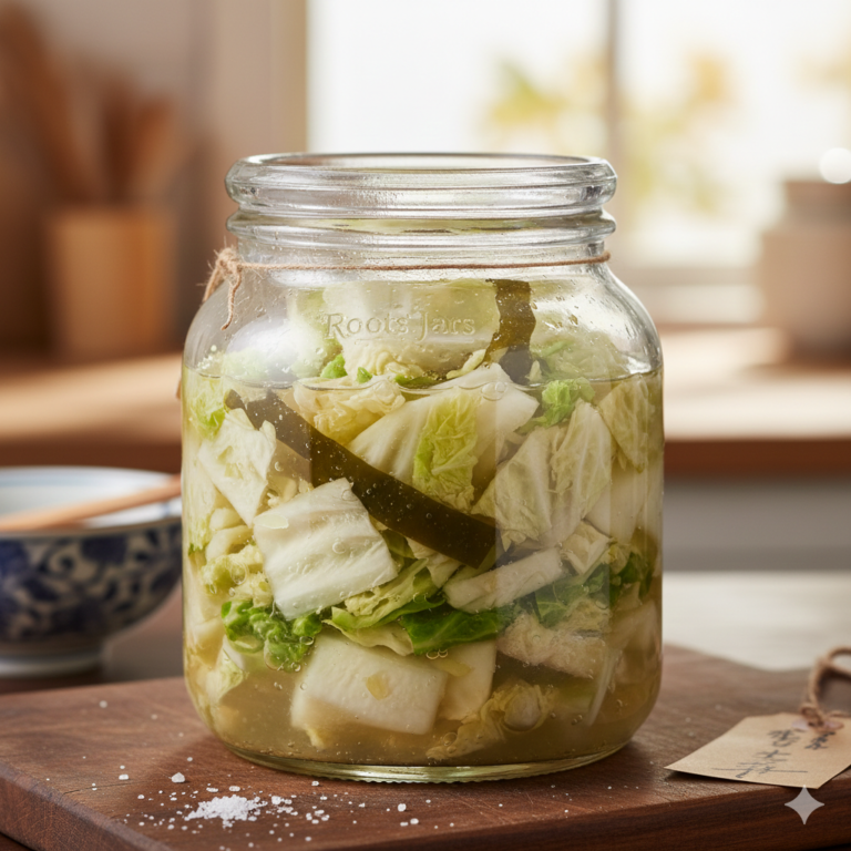 Traditionele Kyabetsu Shiozuke groenten fermenteren: Witte koolbladeren met kombu-zeewier in een glazen Roots Jar, geplaatst op een houten plank met Japans porselein en grof zeezout op de voorgrond.