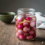 Shiozuke groenten fermenteren: Glazen Roots Jar gevuld met gehalveerde en hele roze radijsjes, verrijkt met luciferstokjes van gember en rode chilipeper in een heldere pekel, gepresenteerd op een rustieke houten tafel.