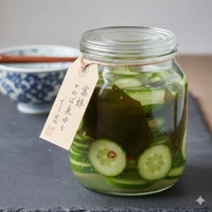 Traditionele Shiozuke groenten fermenteren: Japanse komkommersalade met zichtbare bladeren kombu en chilivlokken in een glazen Roots Jar, gepresenteerd op een leistenen ondergrond met een Chinees-porseleinen kom.