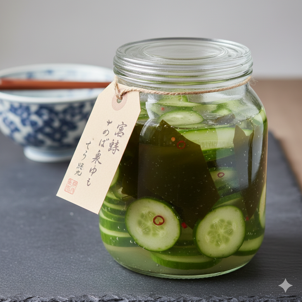 Traditionele Shiozuke groenten fermenteren: Japanse komkommersalade met zichtbare bladeren kombu en chilivlokken in een glazen Roots Jar, gepresenteerd op een leistenen ondergrond met een Chinees-porseleinen kom.