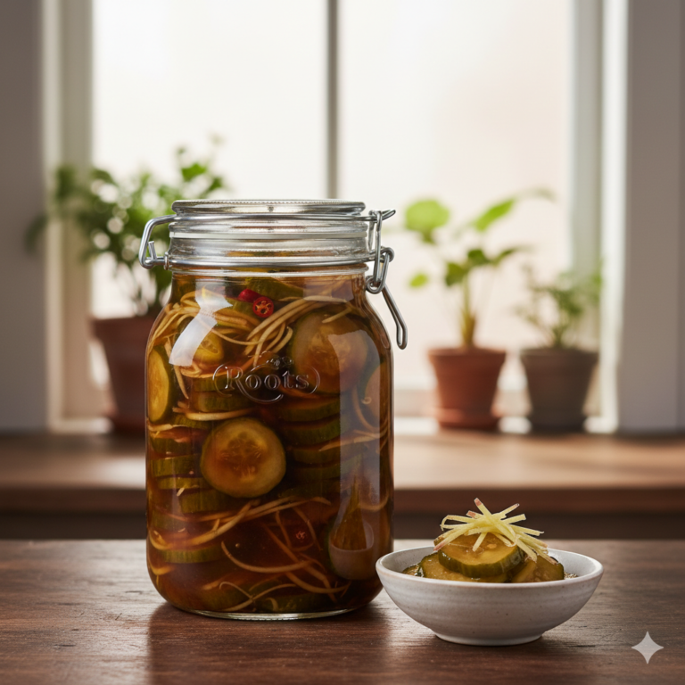 Schijfjes komkommer en fijne gemberreepjes in een donkere sojamarinade in een glazen Roots Jar, geserveerd in een klein wit schaaltje.