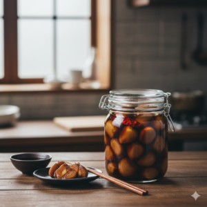 Hele gepelde knoflooktenen die rijpen in een donkere sojasaus-marinade in een glazen Roots Jar op een houten tafel.