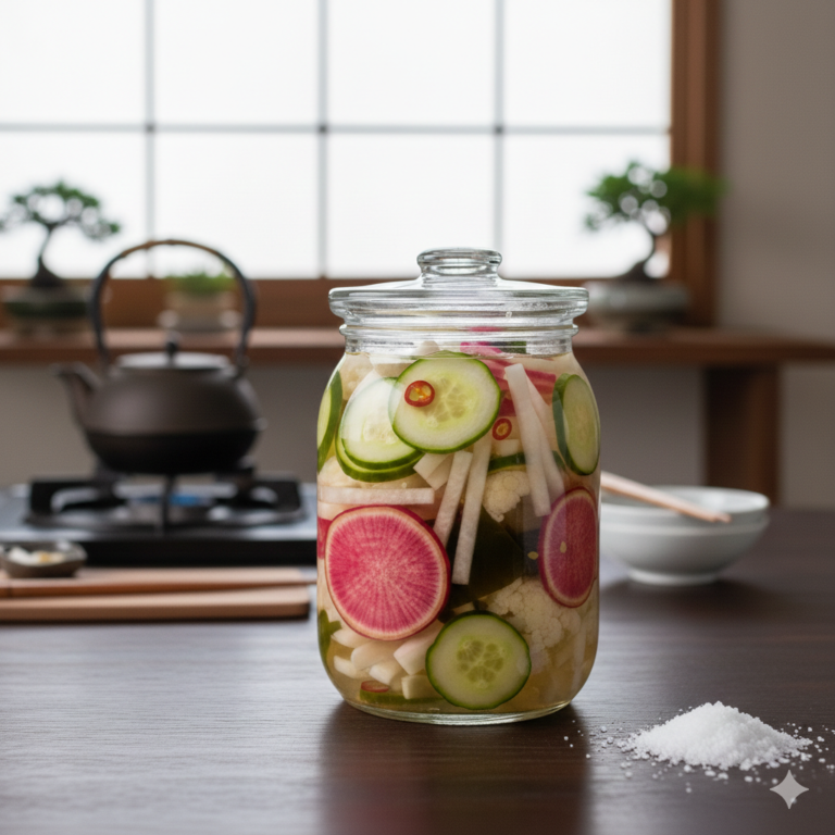 Verschillende seizoensgroenten in een heldere azijnmarinade in een glazen Roots Jar, bereid volgens het Suzuke basisrecept.