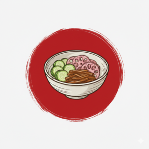 Minimalistisch Tsukemono logo in Japanse stijl: een witte kom gevuld met oranje wortelsticks, komkommer en lotuswortel, geplaatst tegen een dieprode cirkel met een handgetekende penseelstreek-textuur.