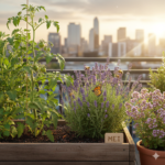 Een kleurrijk stadsbalkon in mei vol bloeiende kruiden, bijen en vers uitgeplante tomatenplanten.