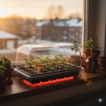 Verwarmde kweekkas op een vensterbank met jonge zaailingen van paprika en peper in de februari-zon.
