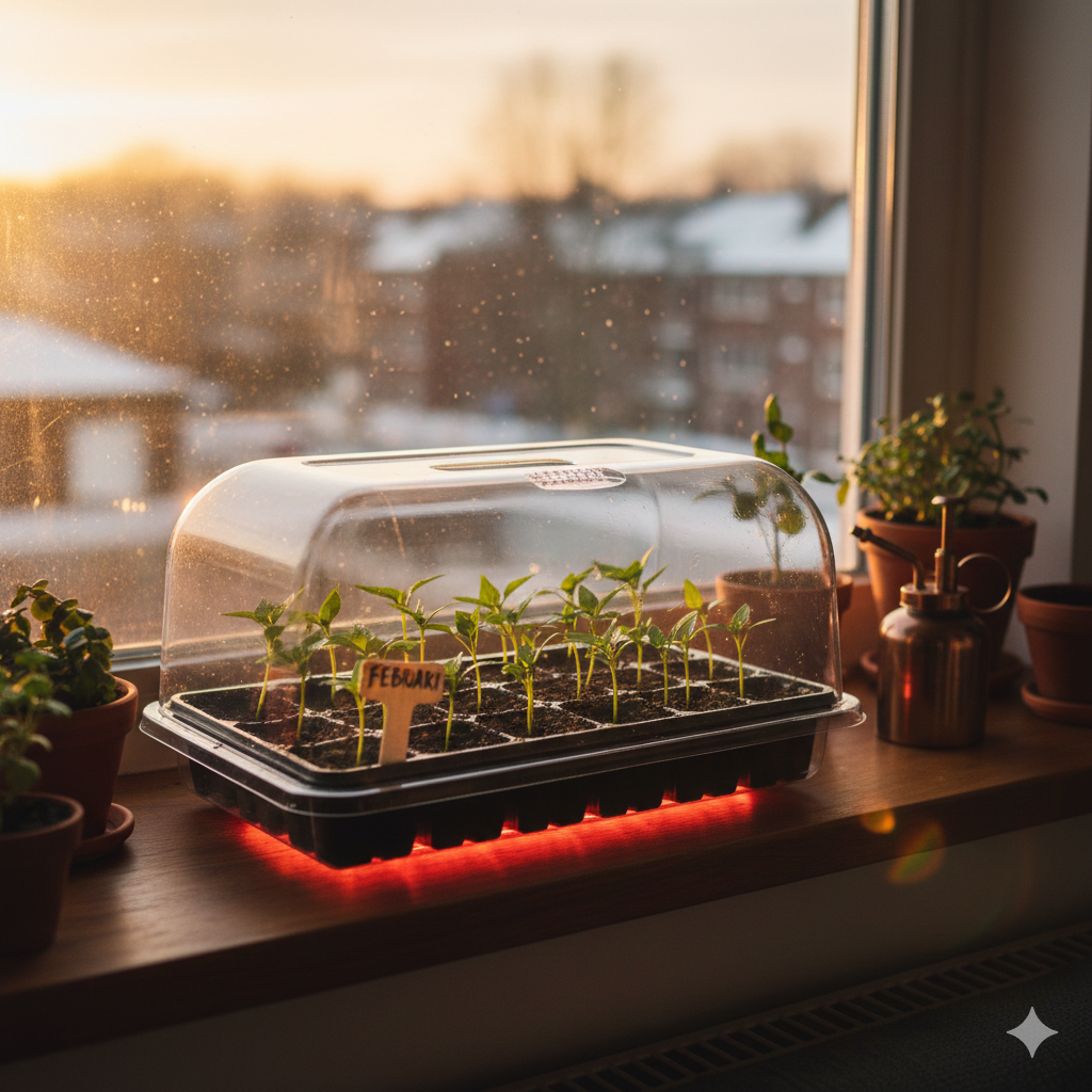 Verwarmde kweekkas op een vensterbank met jonge zaailingen van paprika en peper in de februari-zon.
