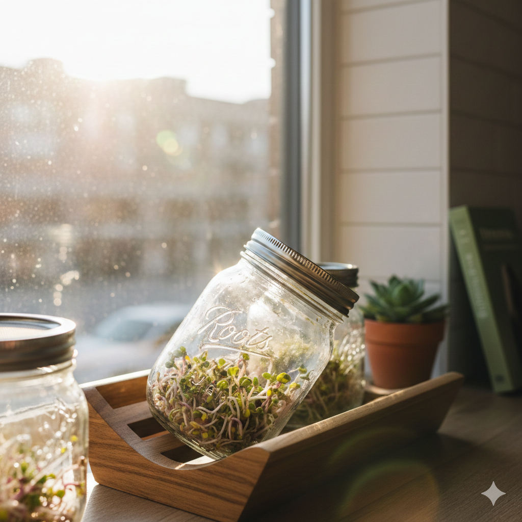 Glazen Roots Jars met verse kiemgroenten op een zonnige vensterbank in een stedelijke keuken.