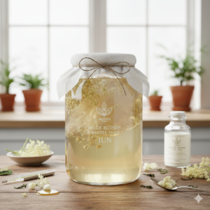 Een glazen Roots Jar gevuld met lichtgele Jun thee, vlierbloesem en jasmijn, afgedekt met een witte doek op een houten tafel.