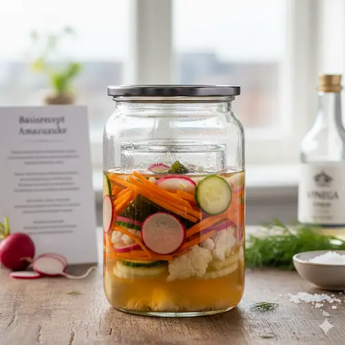 Amazuzuke basisrecept voor Japans zoetzuur inleggen met rijstazijn, suiker en zout.