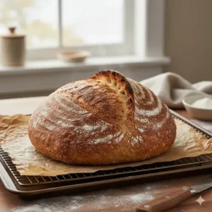 Klassiek ambachtelijk zuurdesem brood met een prachtige insnijding en krokante korst op een houten broodplank.