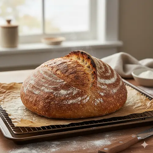 Klassiek ambachtelijk zuurdesem brood met een prachtige insnijding en krokante korst op een houten broodplank.