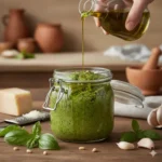 Ambachtelijk gemaakte basilicum pesto met pijnboompitten en parmezaanse kaas in een klein glazen potje.