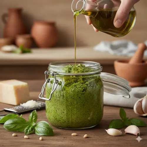 Ambachtelijk gemaakte basilicum pesto met pijnboompitten en parmezaanse kaas in een klein glazen potje.