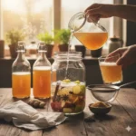 Tepache van appel en specerijen, een natuurlijk bruisende drank gemaakt van gefermenteerde fruitresten.