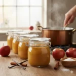 Zelfgemaakte biologische appelmoes wecken in glazen potten voor een lange houdbaarheid zonder conserveermiddelen.