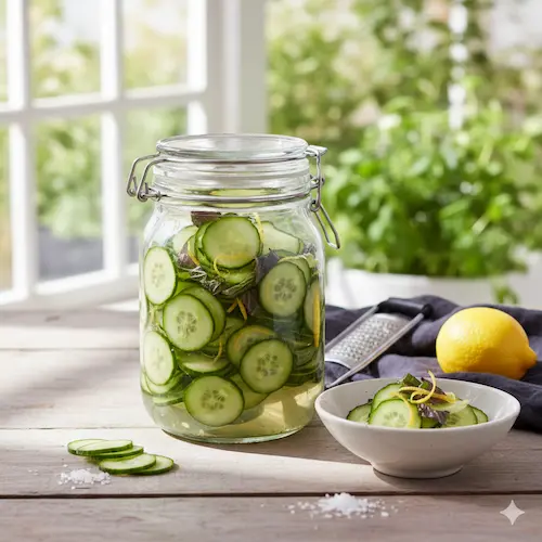 Asazuke komkommer met shisoblad en citroen, een verfrissend Japans bijgerecht van RootsFood.