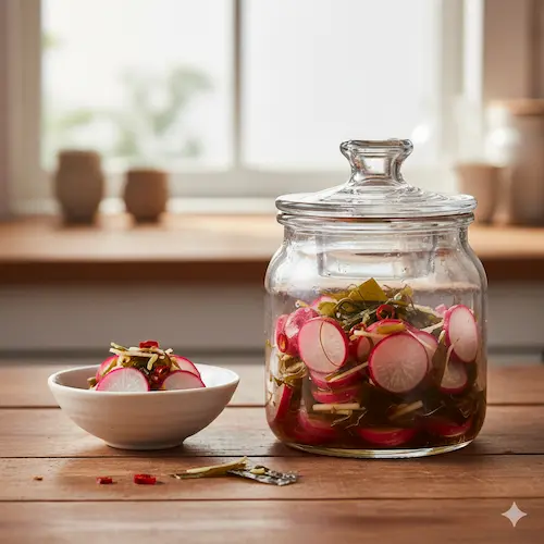 Asazuke van pittige radijs met kombu zeewier en chili, kort ingelegd voor een knapperige beet.