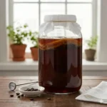 Basisrecept voor koffie kombucha, een unieke fermentatie waarbij thee wordt vervangen door gezette koffie.