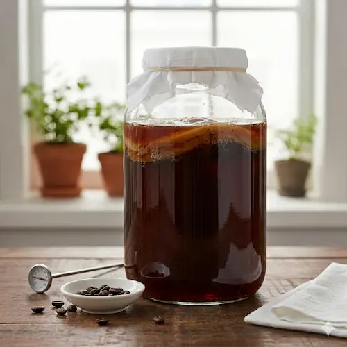 Basisrecept voor koffie kombucha, een unieke fermentatie waarbij thee wordt vervangen door gezette koffie.