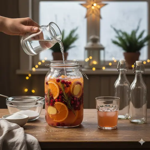 Fris-zure Tepache met citrusvruchten en cranberry, een sprankelende probiotische drank van RootsFood.