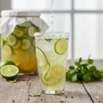 Cooling Tepache met komkommer, limoen en koriander, de ultieme verfrissende en gefermenteerde zomerdrank.