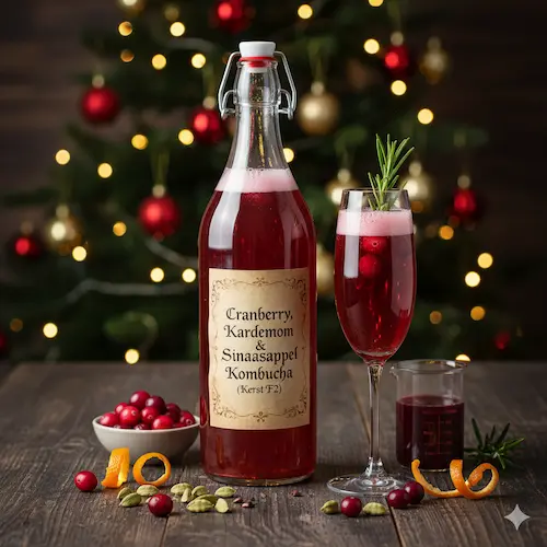 Kruidige kombucha met cranberry, kardemom en sinaasappel, een perfecte probiotische winterdrank.