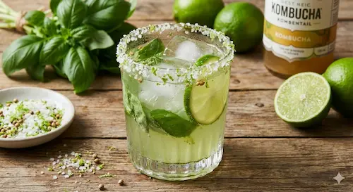 Kombucha mocktail 'Basilicum-Citrus Alchemie', een gezond en alcoholvrij alternatief voor cocktails.