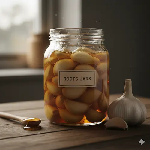 Pot met gefermenteerde honing-look (honey garlic), waarbij de honing vloeibaar is geworden door het fermentatieproces.