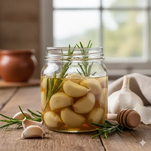 Gefermenteerde knoflookteentjes in rauwe honing, een krachtig natuurlijk middel en smaakmaker die maandenlang gerijpt is.