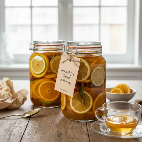 Gekonfijte citruspartjes bewaard in honing, een natuurlijke zoetstof vol vitamine C en smaak.