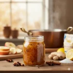 Gekruide appel-gemberjam met stukjes fruit, ambachtelijk bereid zonder kunstmatige toevoegingen.