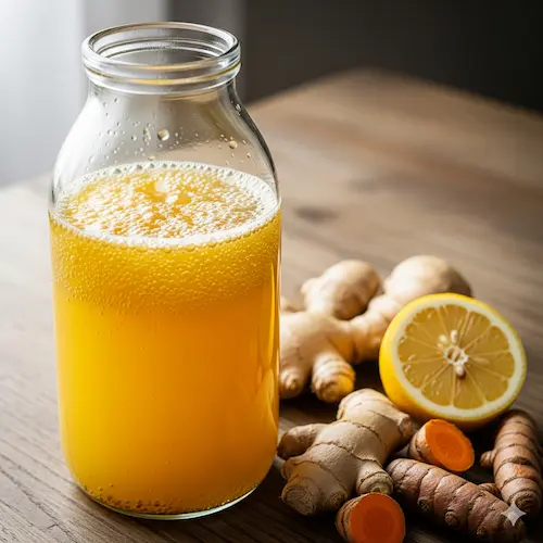 Lactobacillen-rijke gember-kurkuma fermentatie, een goudgele probiotische limonade van RootsFood.