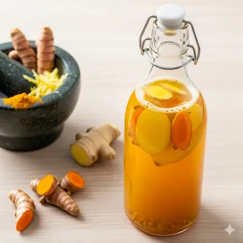 Gezonde gember-kurkuma limonade op basis van een gemberbug, natuurlijk bruisend en vol levende bacteriën.