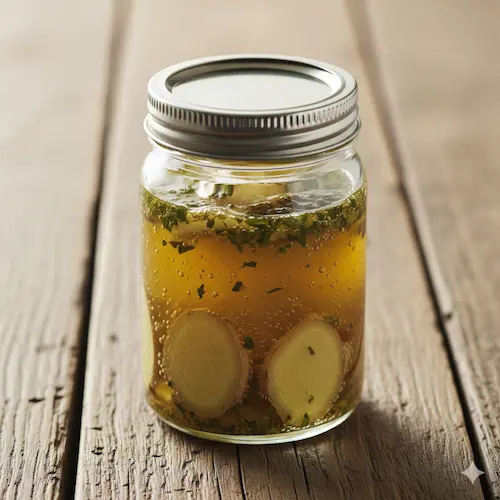 Probiotische saladedressing gemaakt met gemberbug vloeistof voor een unieke smaak en gezonde darmflora.
