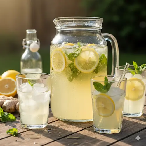 Huisgemaakte gemberbug limonade, een natuurlijk gefermenteerde frisdrank zonder kunstmatige toevoegingen.