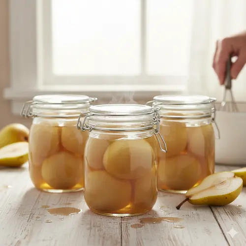 Geweckte peren in lichte suikersiroop, ambachtelijk geconserveerd in glazen weckpotten voor de winter.