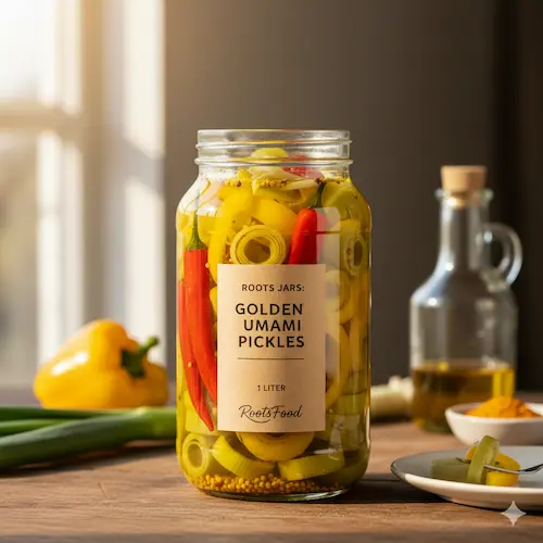 Golden Umami Pickles: met kurkuma geelgekleurde ingelegde groenten met een rijke, hartige smaak.