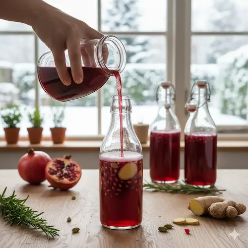 Jun Kombucha met granaatappel, gember en kardemom, een sprankelend honing-ferment met een pittige kick.