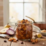 Hartige appel- en perenchutney met rozijnen en specerijen, langzaam ingekookt voor een diepe smaak.