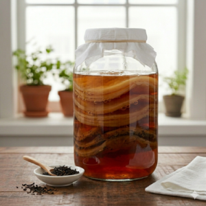 Een glazen Roots Jar met een stapel SCOBY-culturen in een diepbruine vloeistof, afgedekt met een witte kaasdoek.